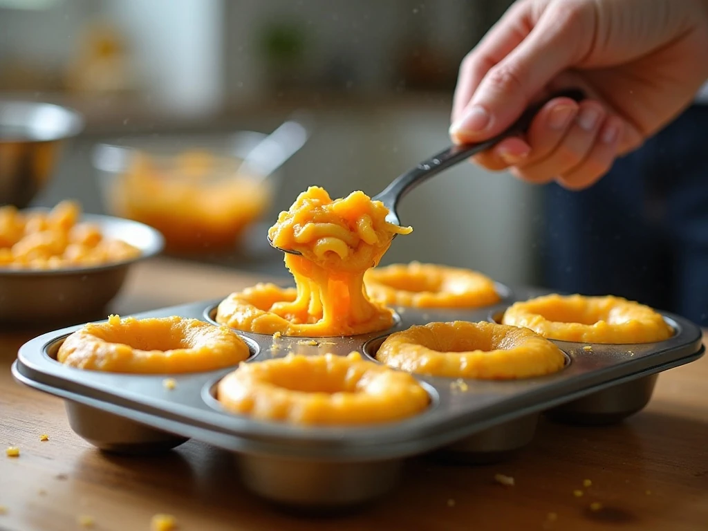 Pressing macaroni and cheese mixture into a doughnut pan