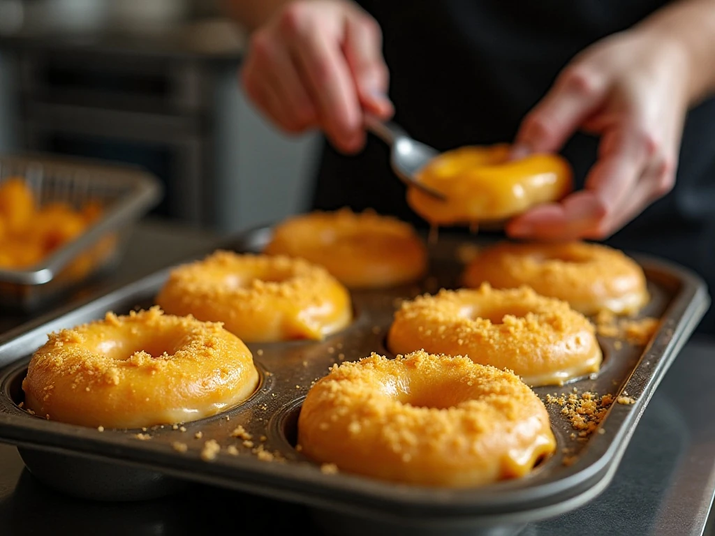 Golden baked mac and cheese donuts resting before removal from the pan