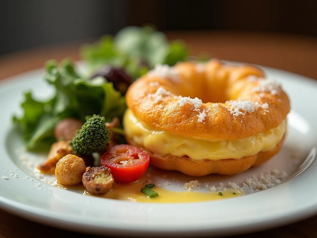 Baked mac and cheese donut served with salad and roasted vegetables