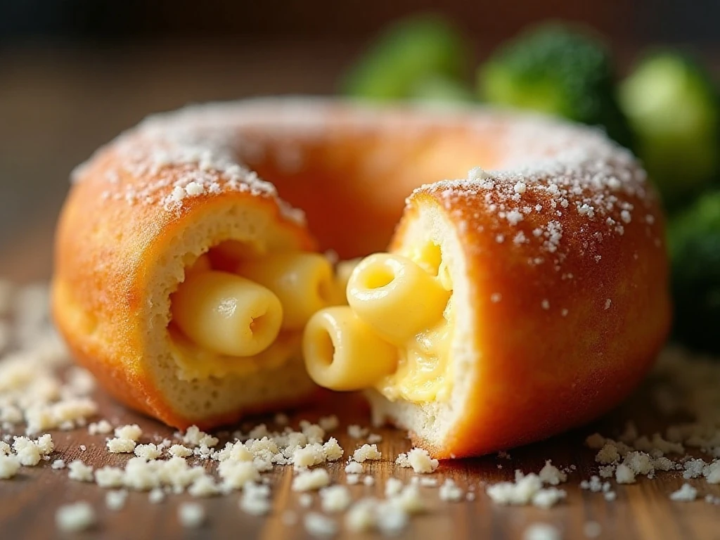 Close-up of the cheesy interior and crisp breadcrumb crust of a mac and cheese donut