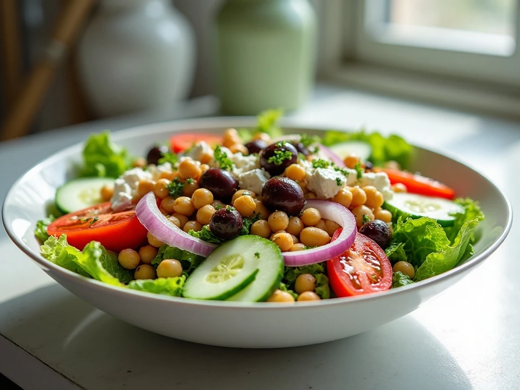 Colorful Weight Watchers Mediterranean salad in a serving bowl