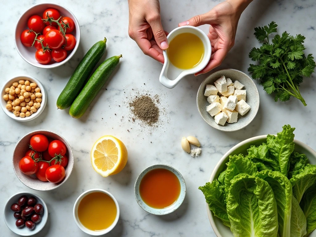 Ingredients for Mediterranean chickpea salad and lemon oregano dressing