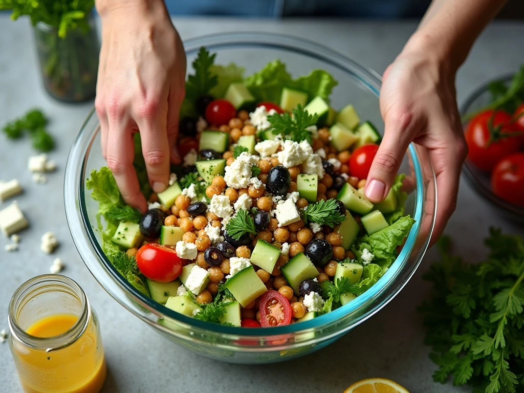 Tossing ingredients for homemade Mediterranean salad