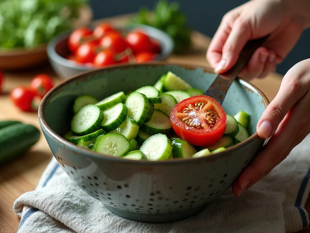 Draining cucumber and tomatoes to keep Mediterranean salad crisp