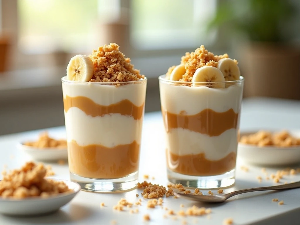 Two creamy Weight Watchers peanut butter parfaits with banana and granola
