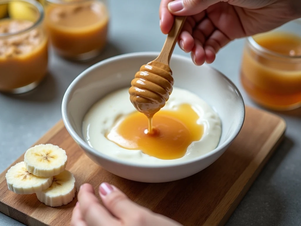 Stirring peanut butter, honey, and yogurt for parfait layers