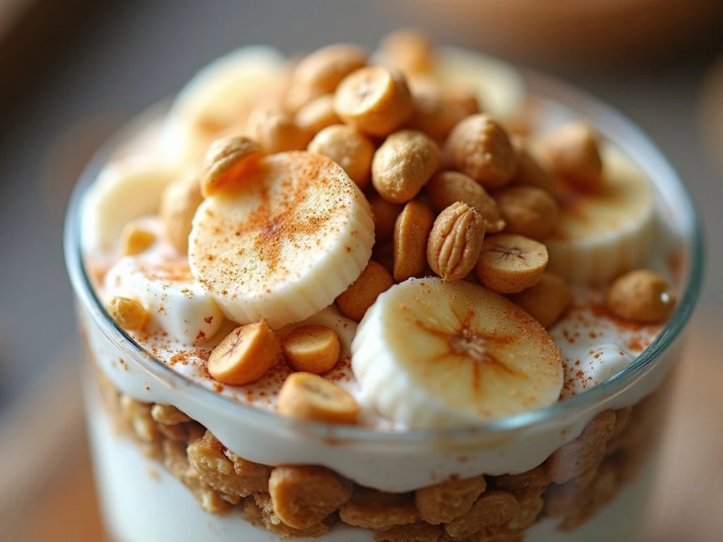 Granola, chopped peanuts, banana, and cinnamon topping a parfait