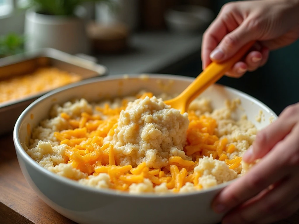 Mixing thawed hash browns with creamy soup, sour cream, onion, and cheese
