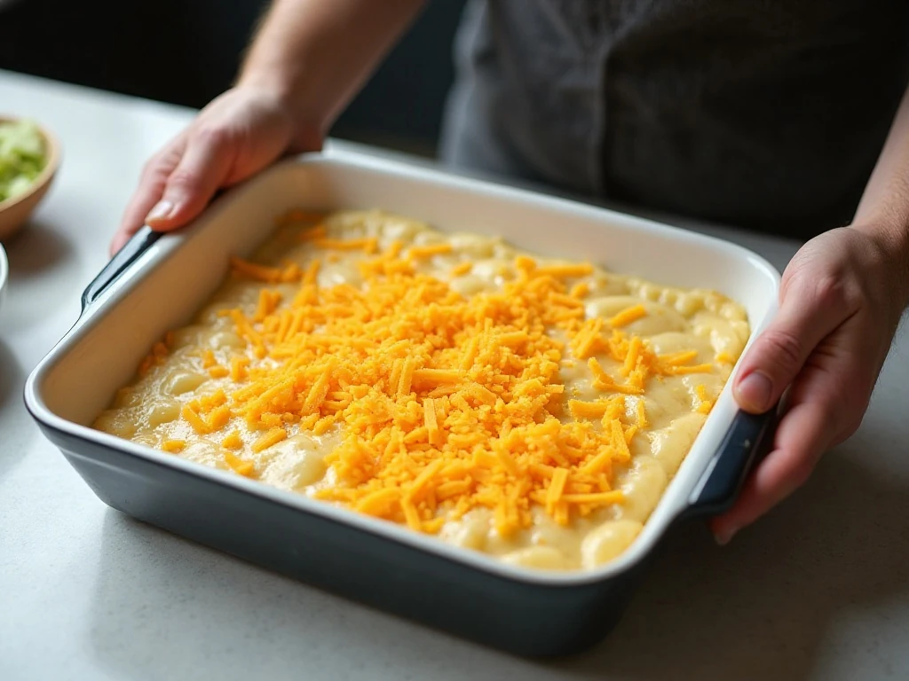 Unbaked potato casserole spread in a prepared baking dish with cheddar on top