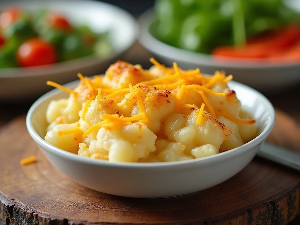 A serving of light cheesy potato casserole presented for dinner