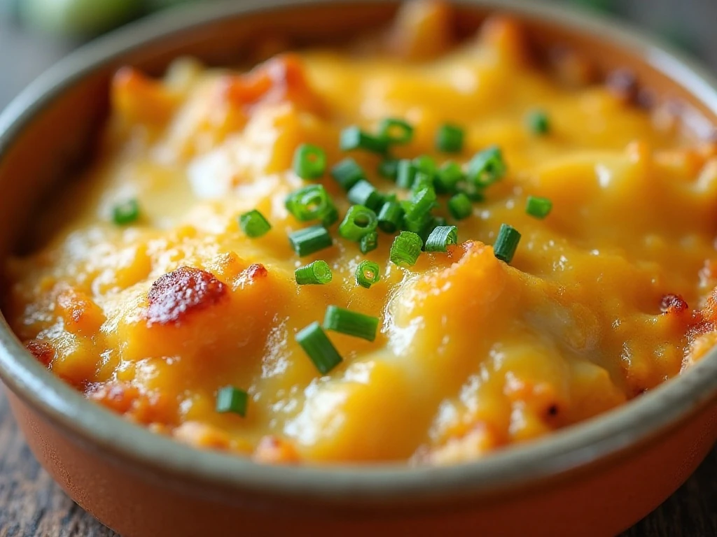 Close-up of reheated potato casserole with browned cheese and green onion garnish