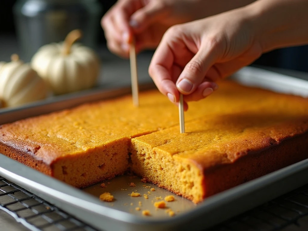 Checking pumpkin bars for doneness with a toothpick