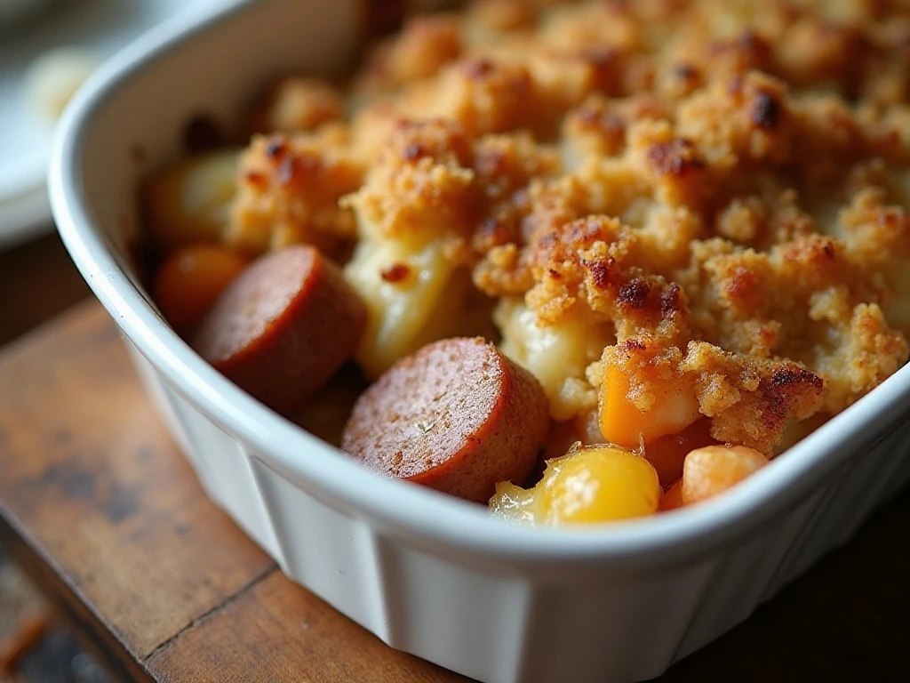 Golden Weight Watchers sausage stuffing with turkey sausage, vegetables, apple, and herbs