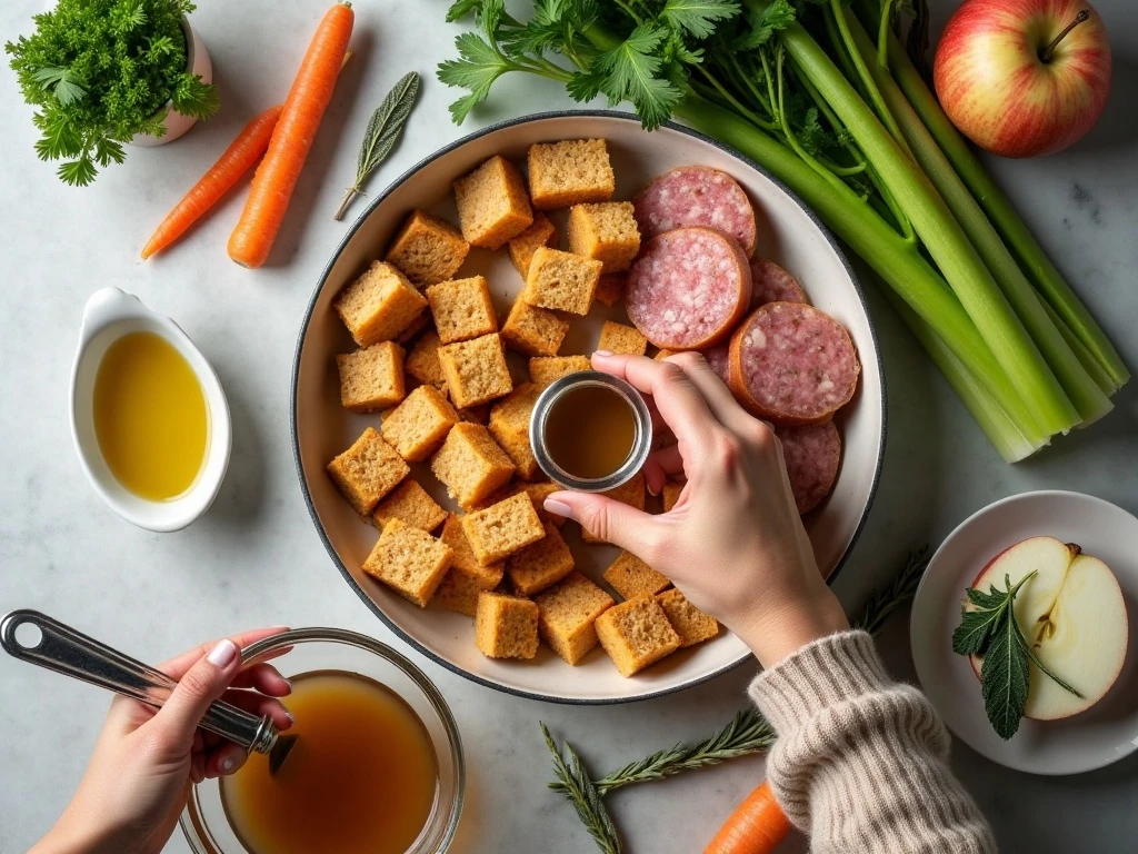 Ingredients for light turkey sausage stuffing arranged for cooking