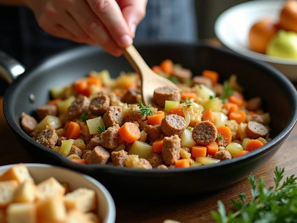 Turkey sausage and vegetables cooking for homemade stuffing