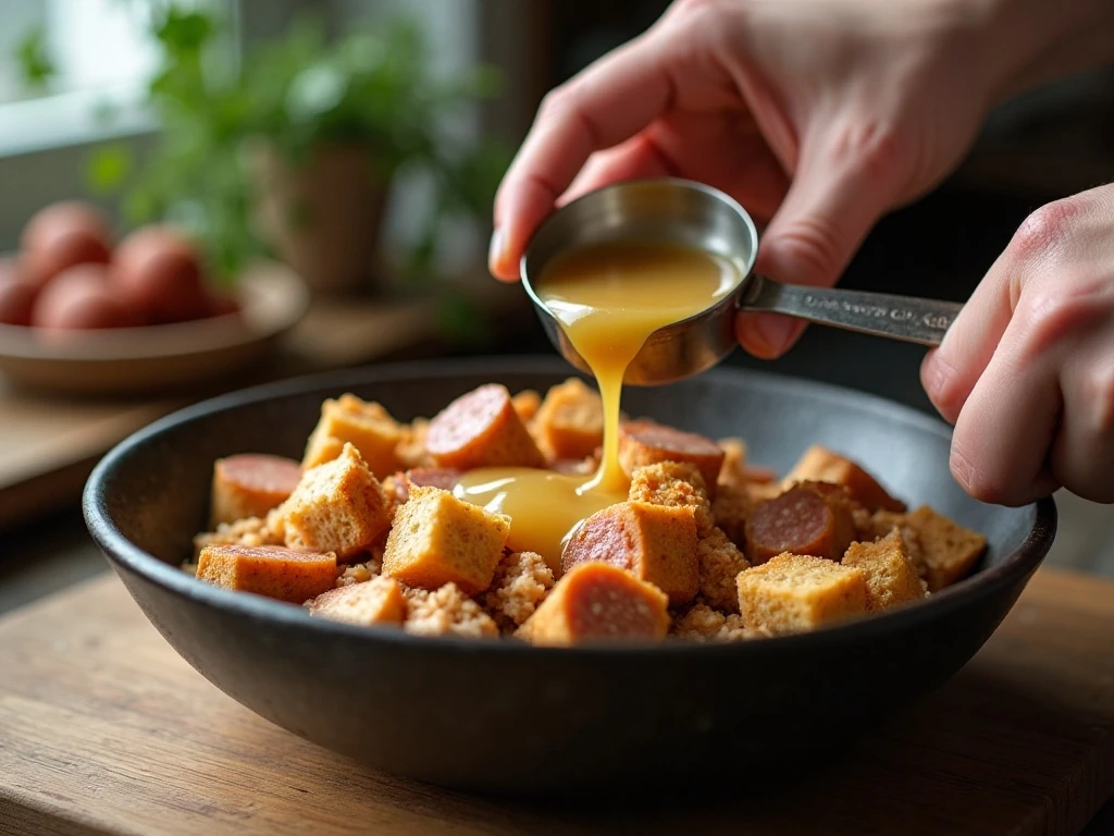 Adding chicken broth gradually to sausage stuffing mixture