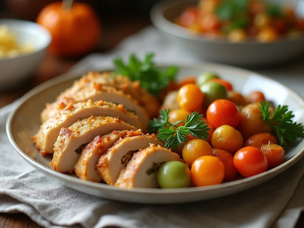 Weight Watchers sausage stuffing served with roasted chicken