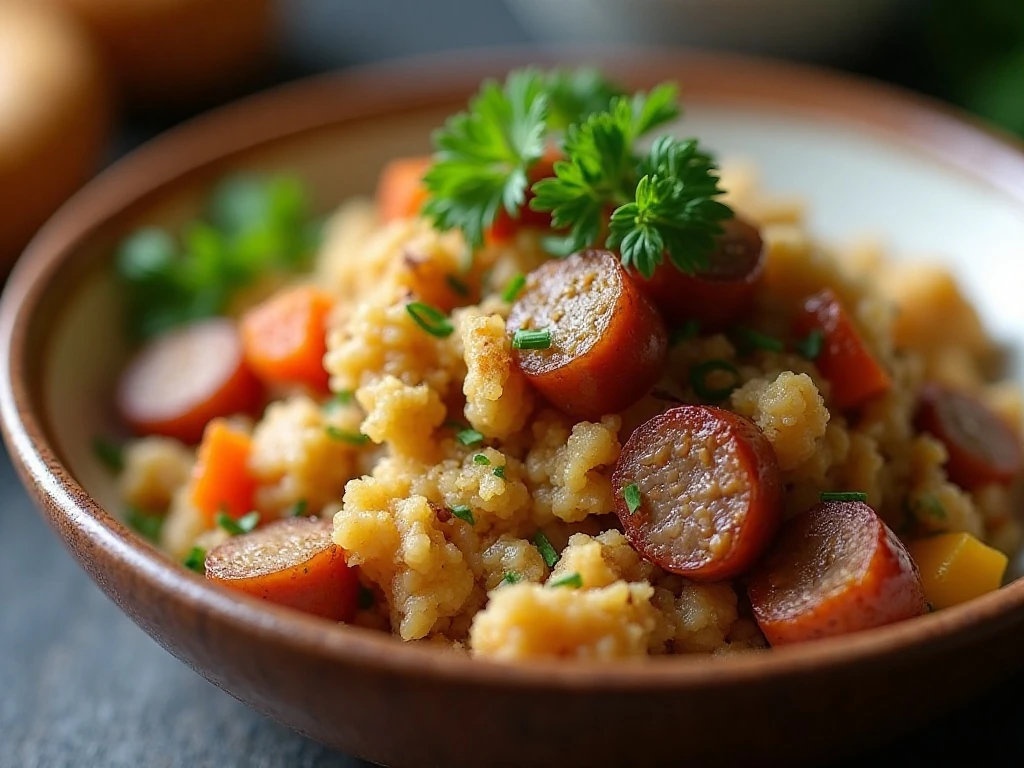 Close-up of reheated turkey sausage stuffing with parsley