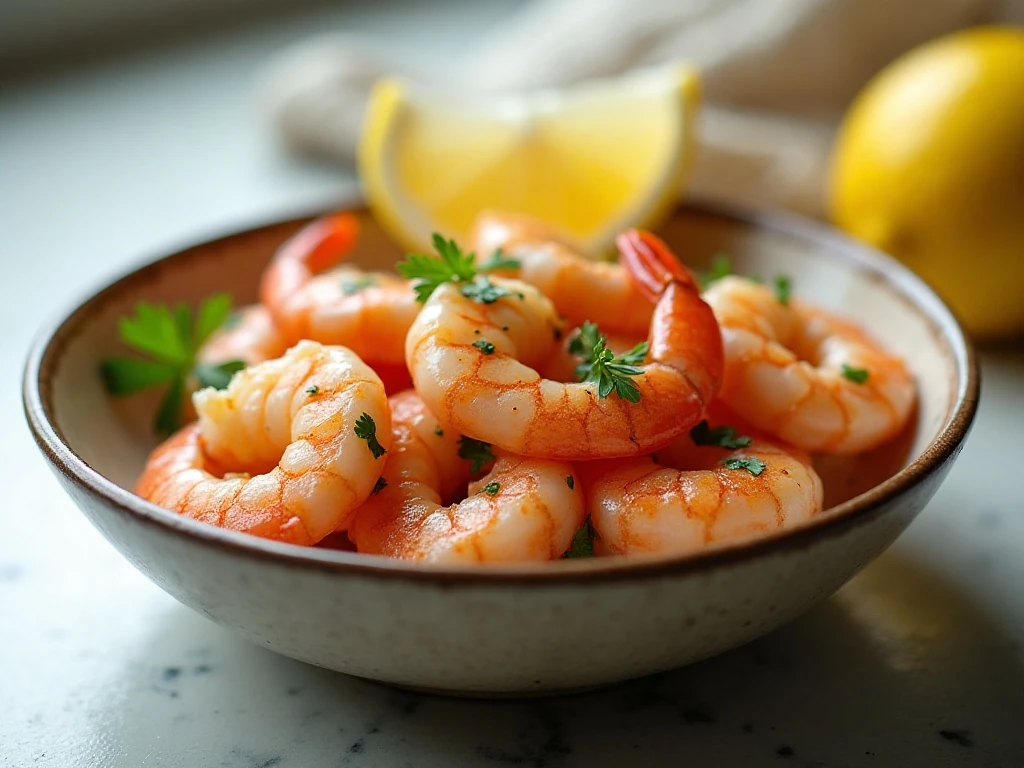Garlic-lemon shrimp served with parsley and lemon wedges