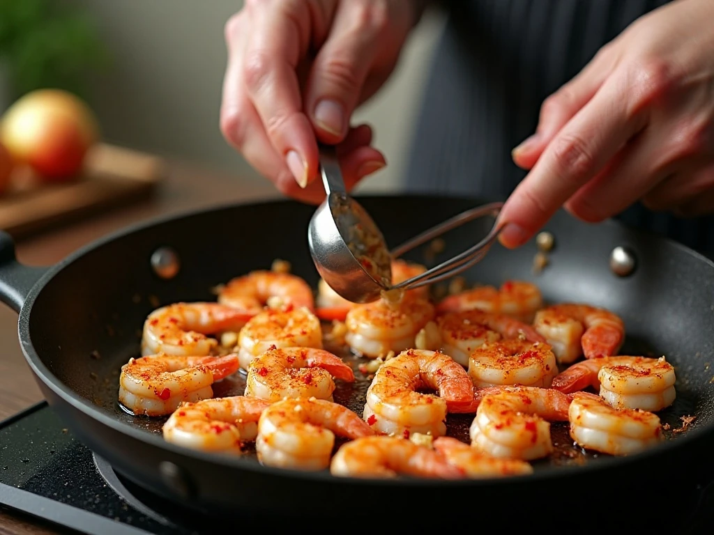 Shrimp cooking with garlic in a nonstick skillet