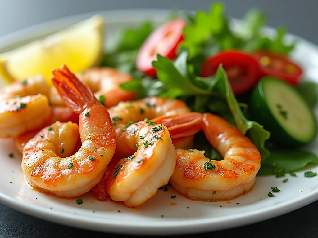 Garlic-lemon shrimp served with vegetables and salad