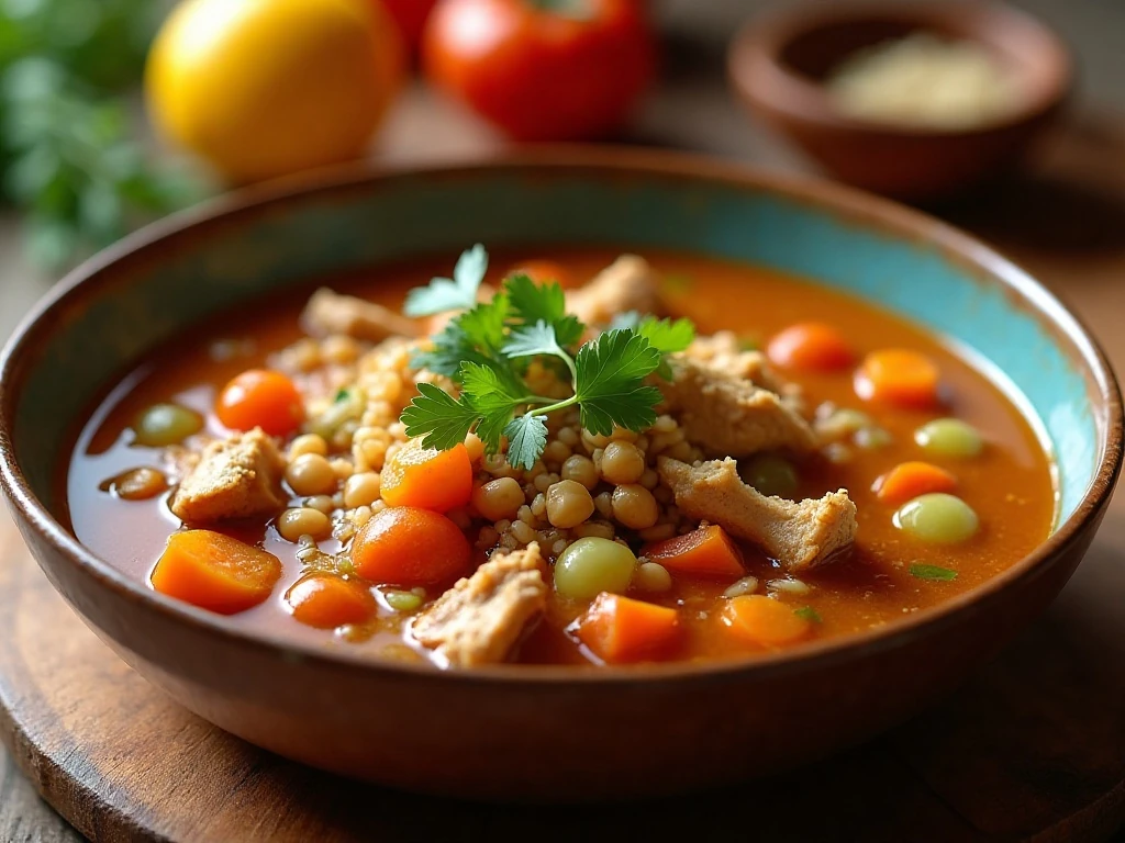 A bowl of warmly spiced Weight Watchers Moroccan chicken soup with chicken and chickpeas