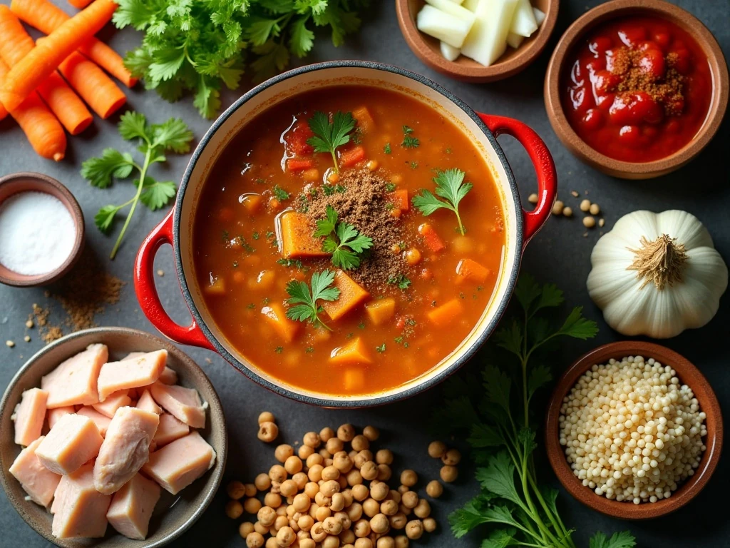Ingredients for Moroccan chicken soup arranged on a kitchen counter