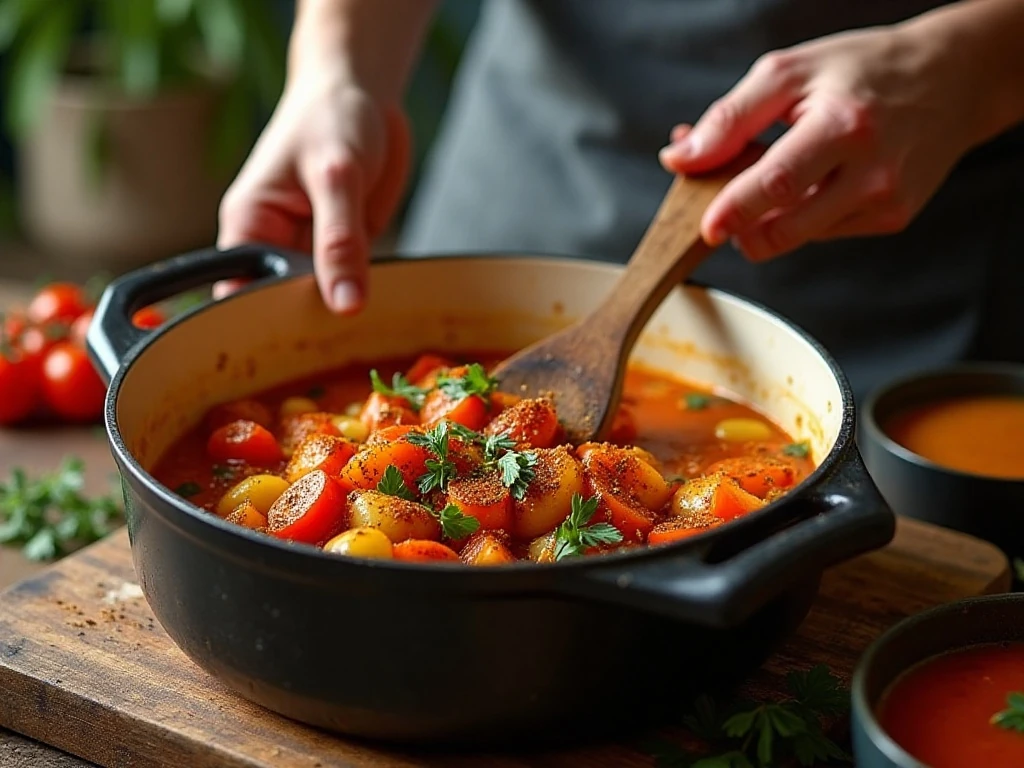 Vegetables and Moroccan spices cooking in a soup pot
