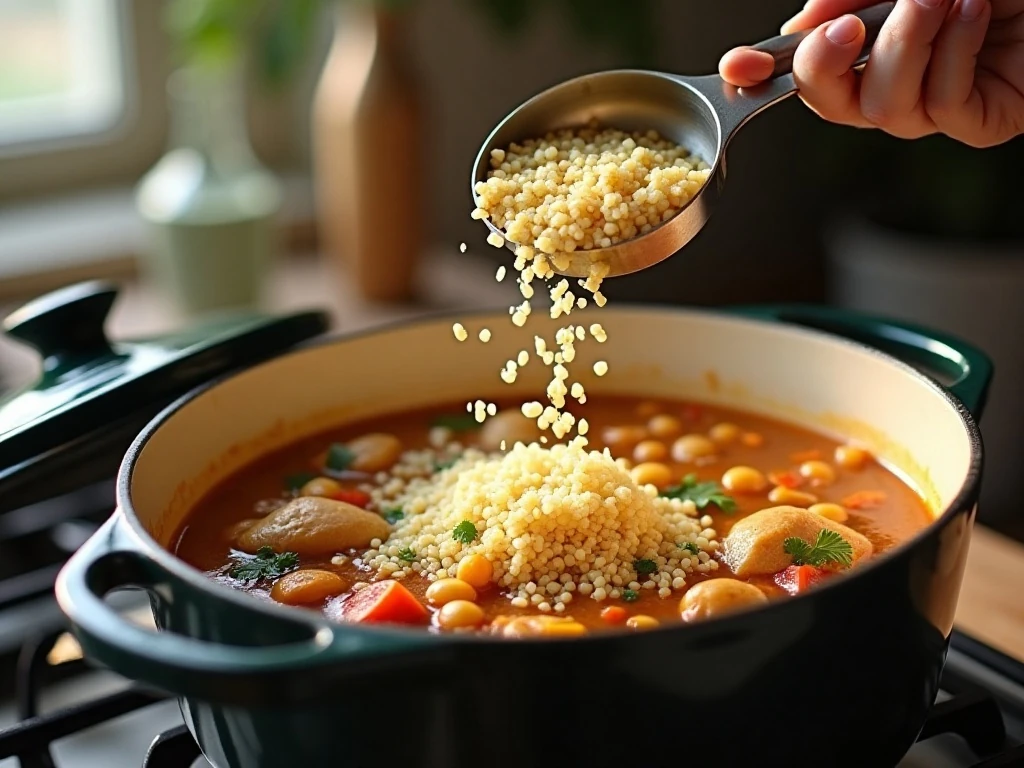 Couscous being added near the end of Moroccan chicken soup preparation