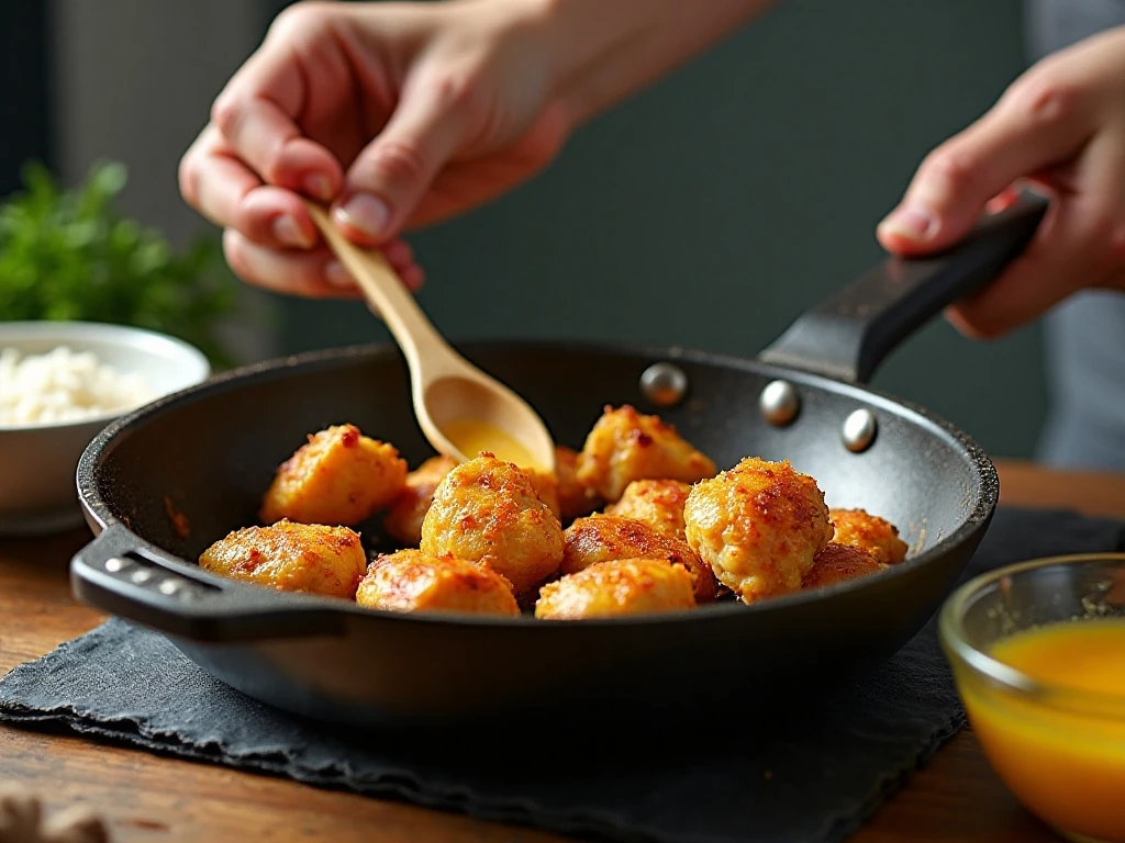 Chicken pieces being browned after coating in cornstarch and egg