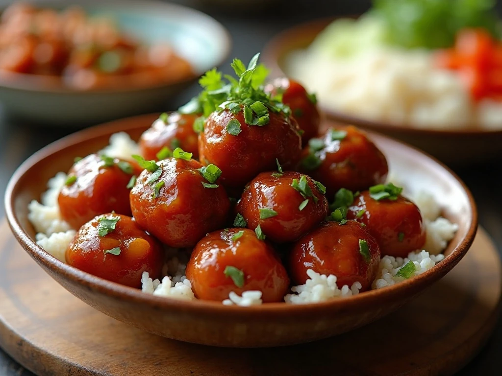 Sweet and sour meatballs served with rice and vegetables