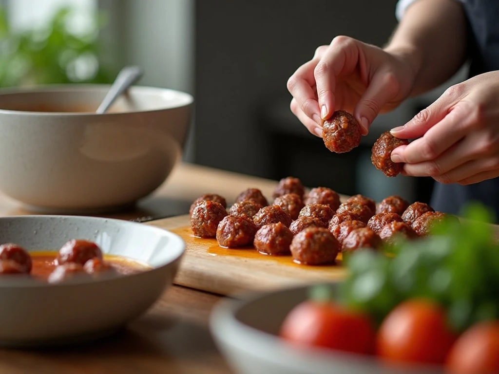 Shaping homemade beef meatballs before baking