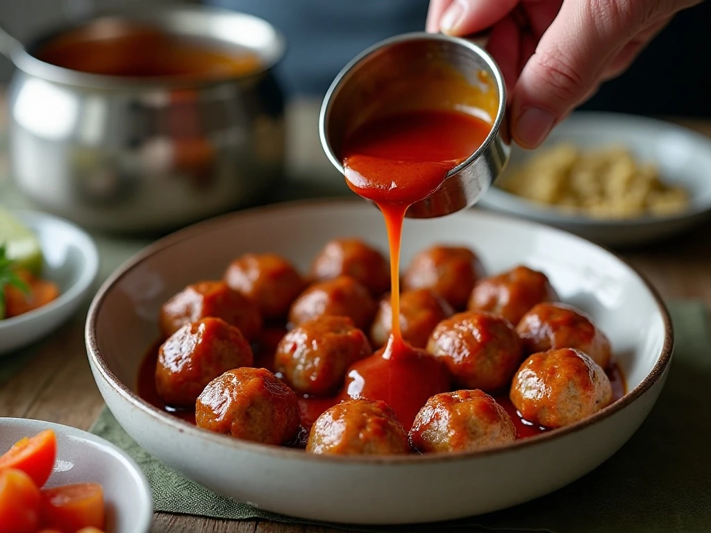 Pouring sweet and sour sauce over pre-baked meatballs