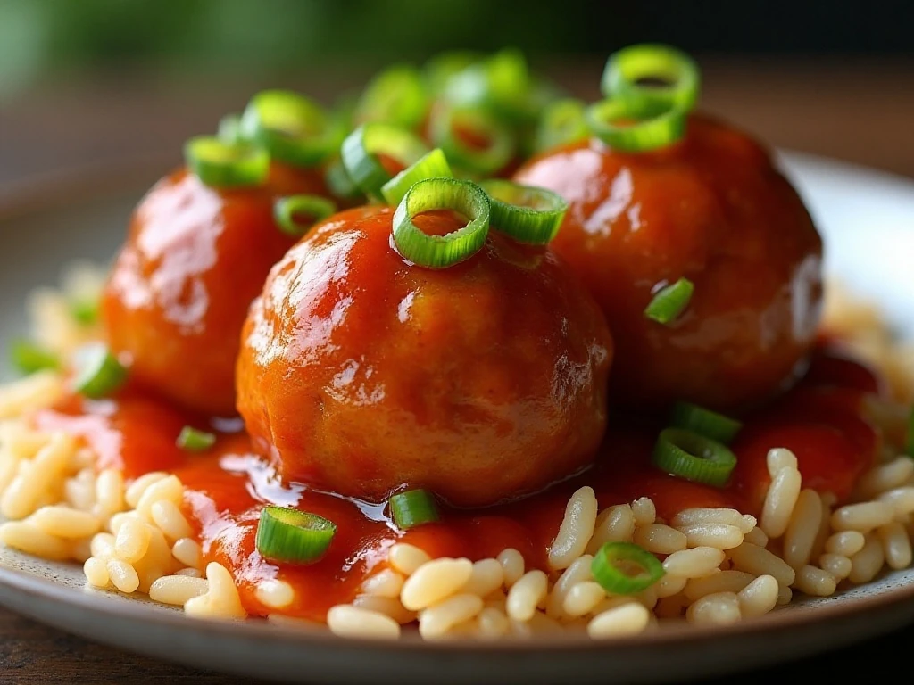 Close-up of glazed sweet and sour meatballs
