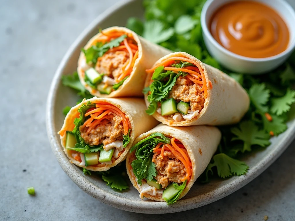 Thai chicken wraps with crunchy vegetables and peanut sauce