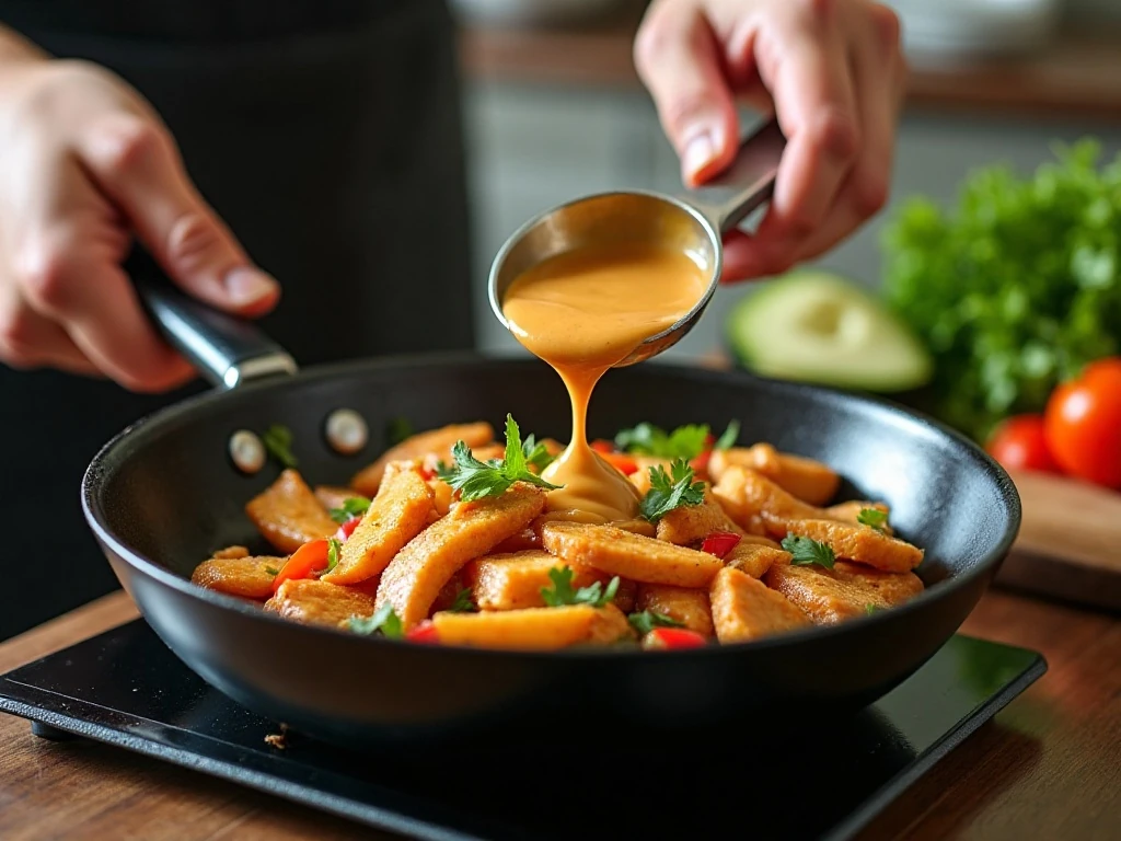 Cooking chicken and preparing peanut sauce for Thai wraps