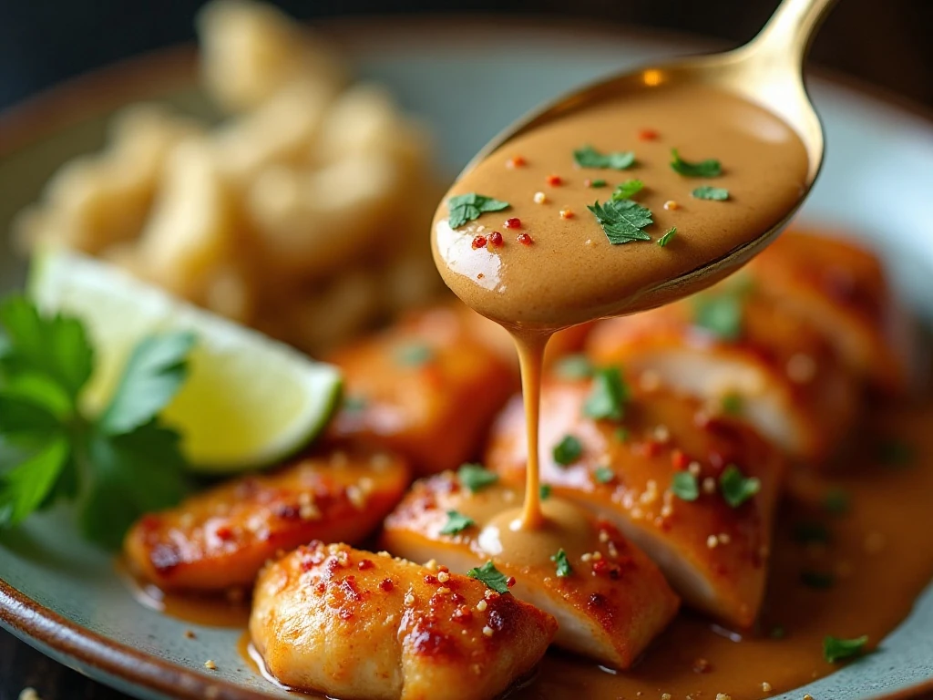 Thai peanut sauce with chicken and fresh garnishes