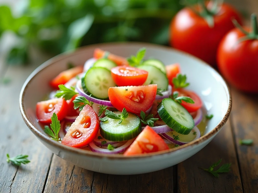 Fresh tomato cucumber salad served as a light side dish