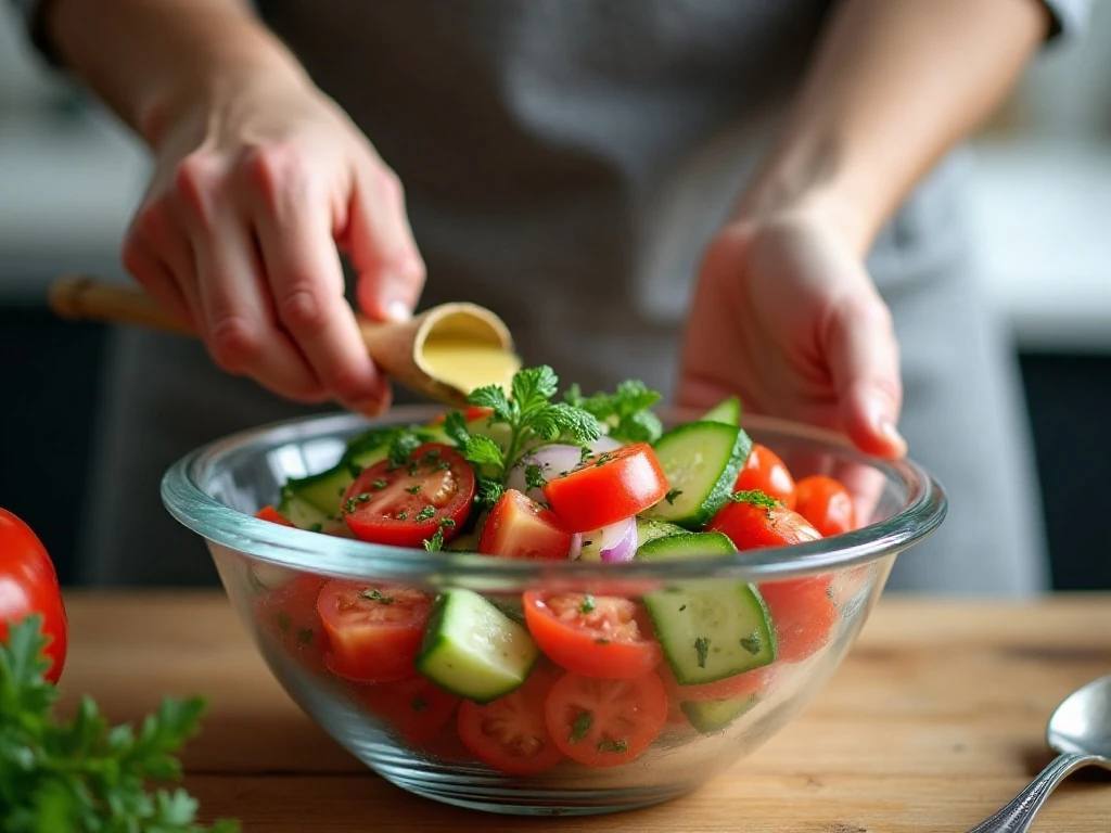 Tossing vegetables with vinegar dressing for tomato salad