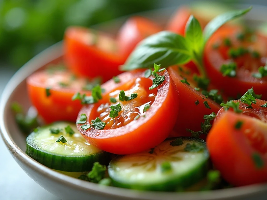 Close-up of fresh herbs and vegetables in tomato salad
