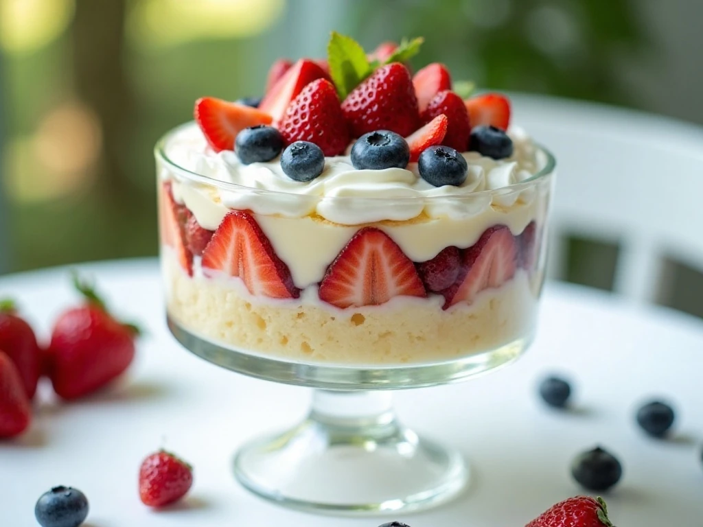 Finished light berry trifle in a clear glass bowl