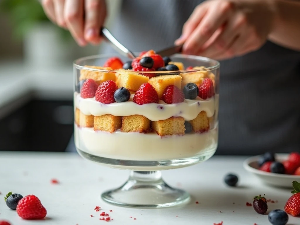 Layering angel food cake, berries, and pudding for trifle