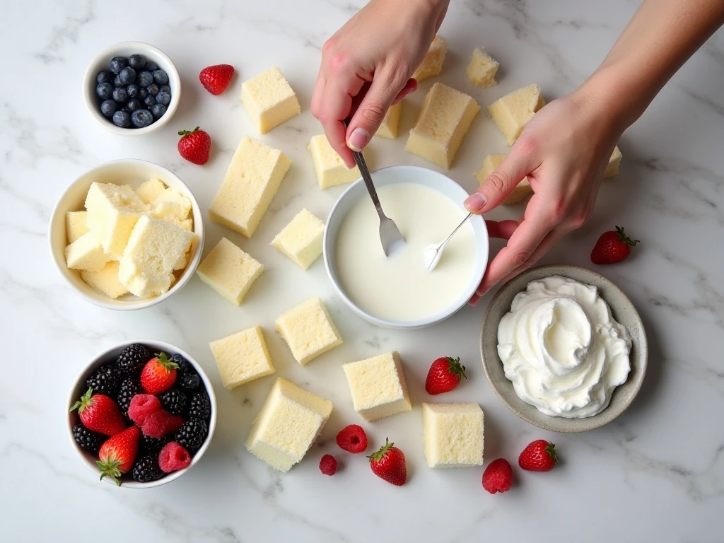 Ingredients for a light berry trifle arranged on a countertop