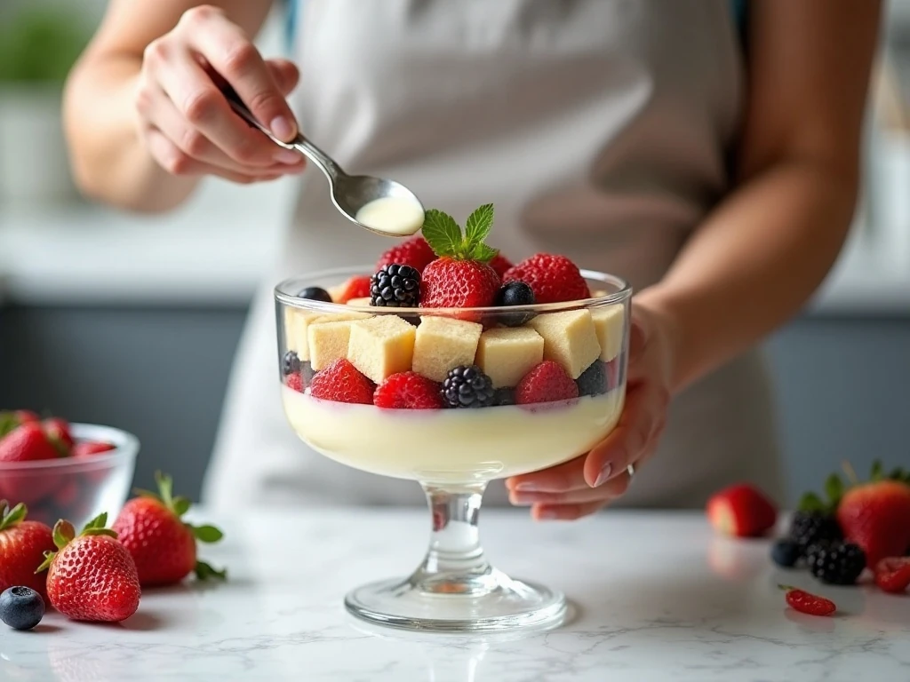 Layering angel food cake, berries, and vanilla pudding for a trifle