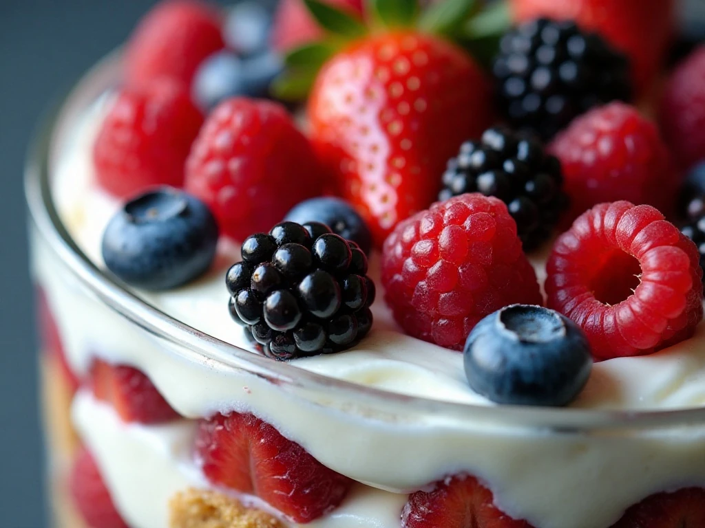 Berry trifle topped with whipped topping and fresh berries