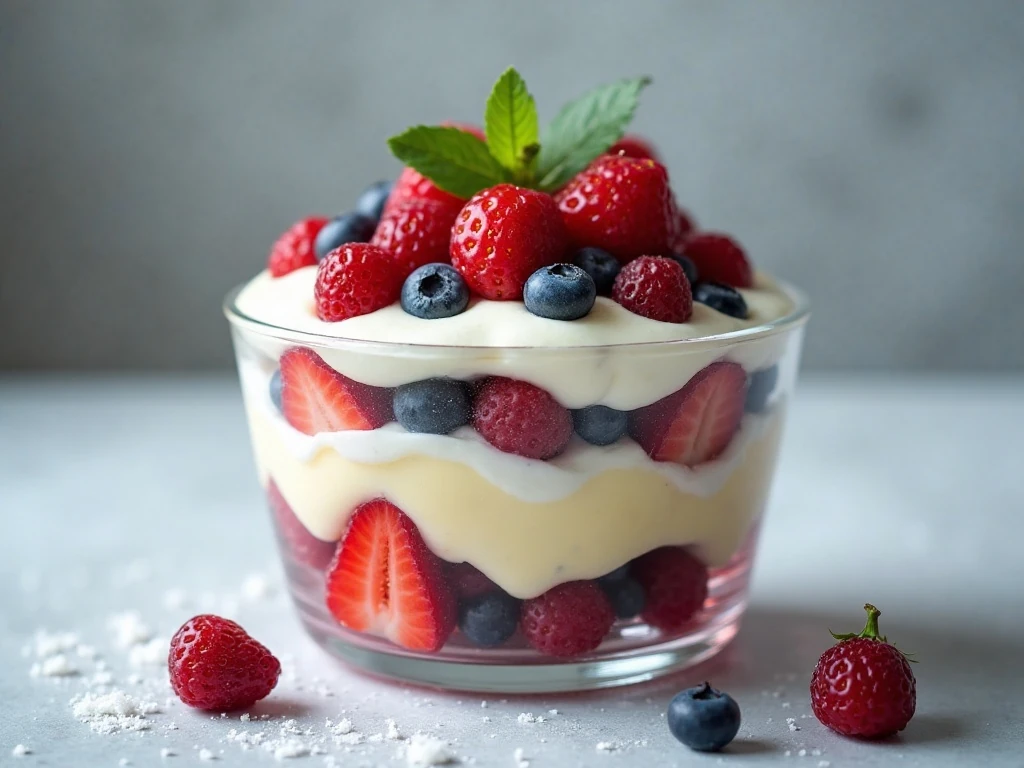 Chilled berry trifle prepared for serving