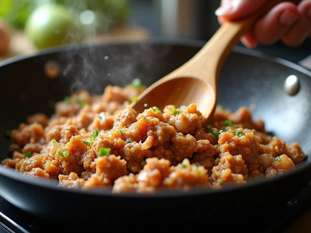 Cooking seasoned ground turkey and onion for turkey burritos