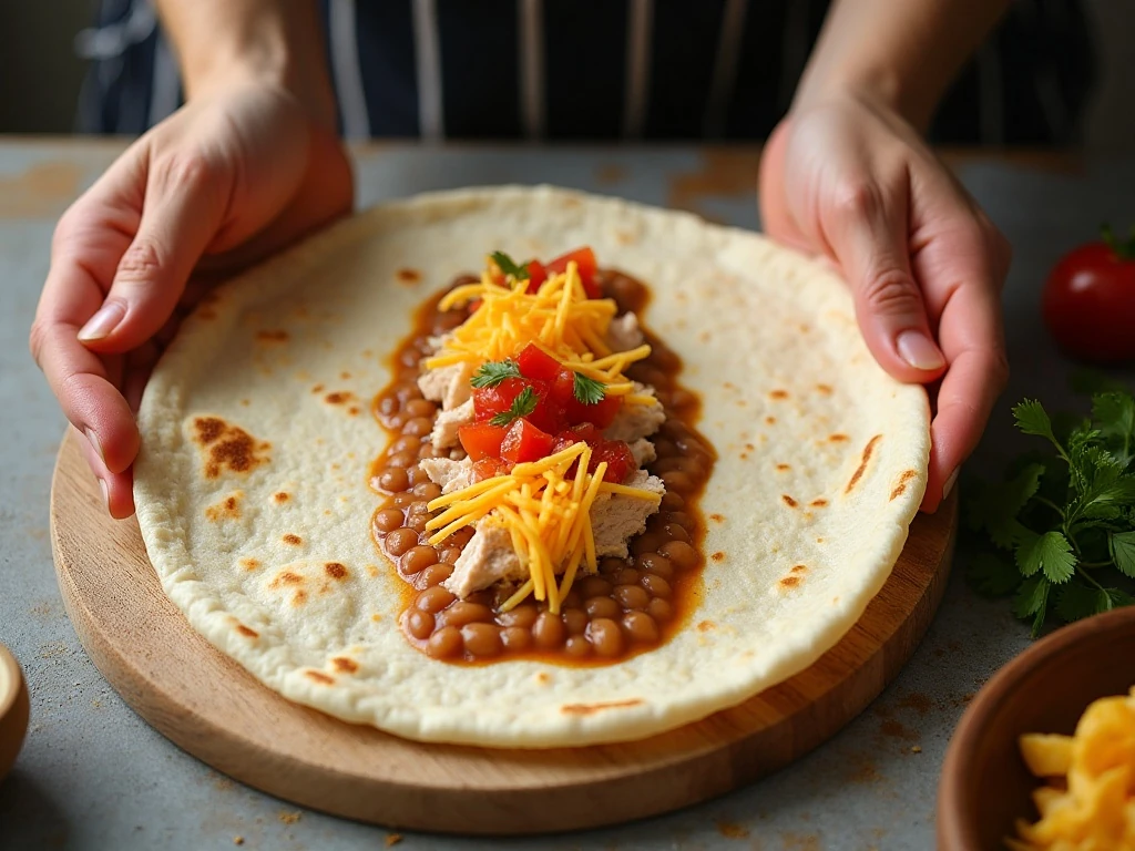 Filling a flour tortilla with refried beans turkey cheese and salsa