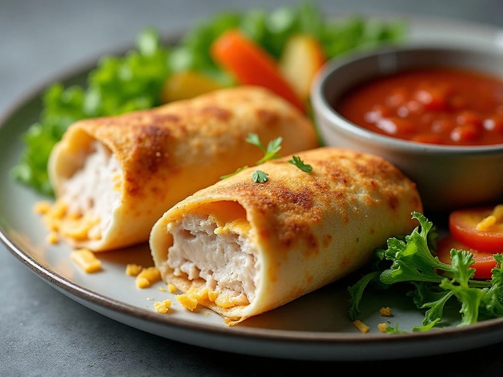 Plated Weight Watchers turkey burritos with salsa and vegetables
