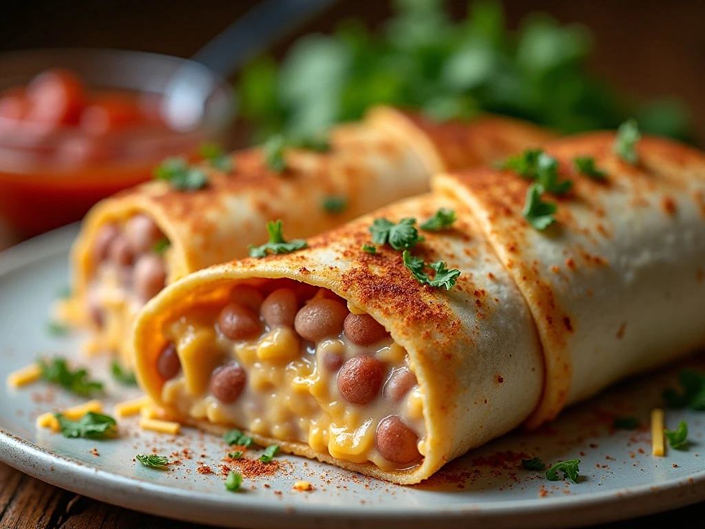 Close-up of the filling inside a baked turkey burrito
